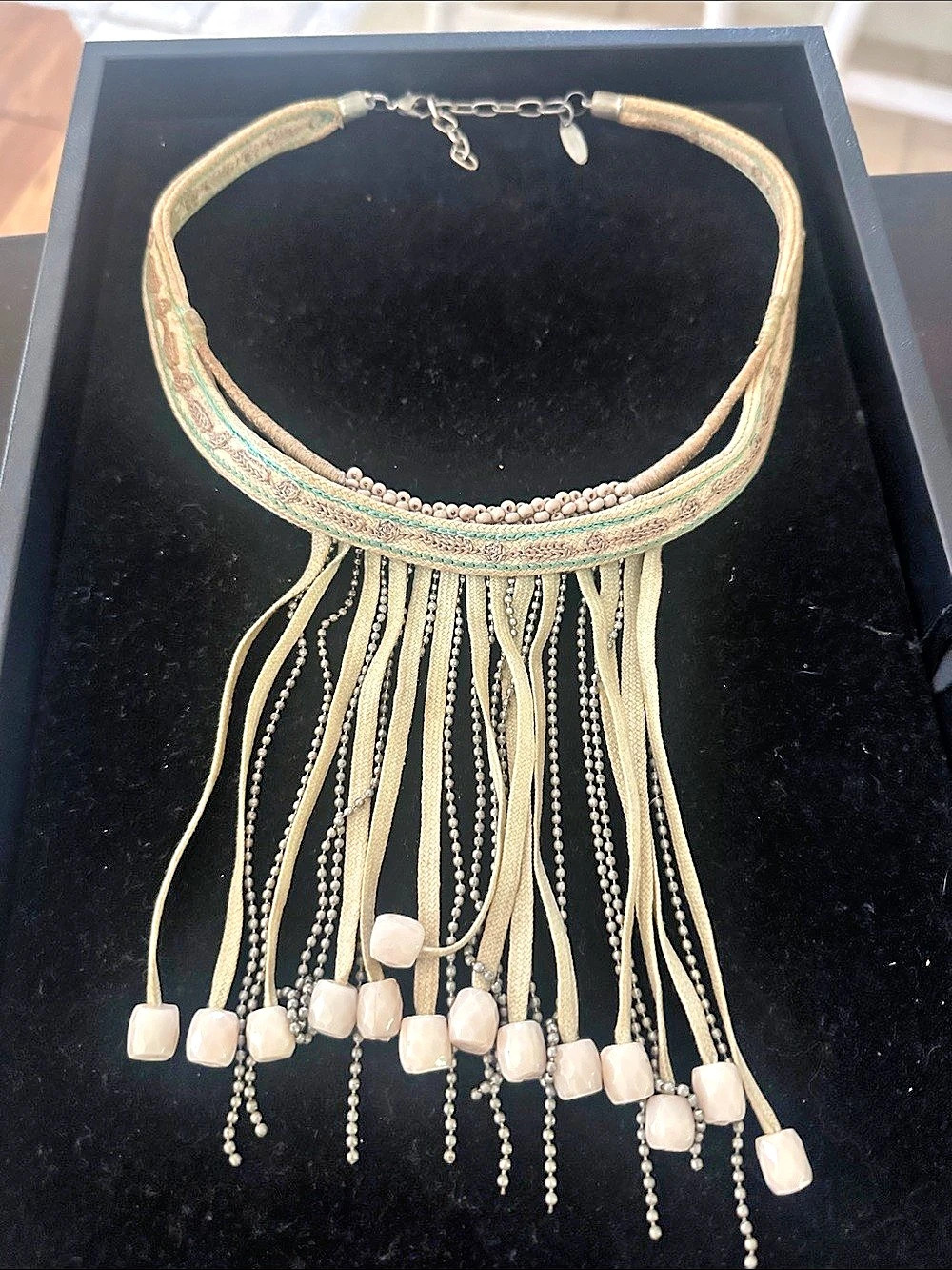 Statement Fringe Beaded Necklace in Cream & Green